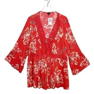 NEW Torrid Floral Long Sleeve Boho Lace Up Embroidered Tunic Sz 4